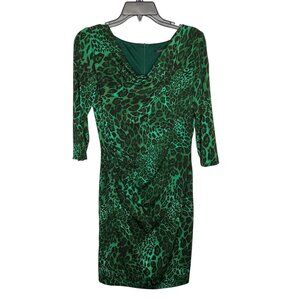 David Meister Dress Women's Sz 6 Green Black Animal Print Career Sheath Ruched